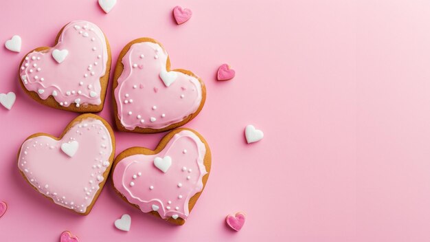 Les biscuits en forme de cœur en forme de glace sur fond rose de la Saint-Valentin