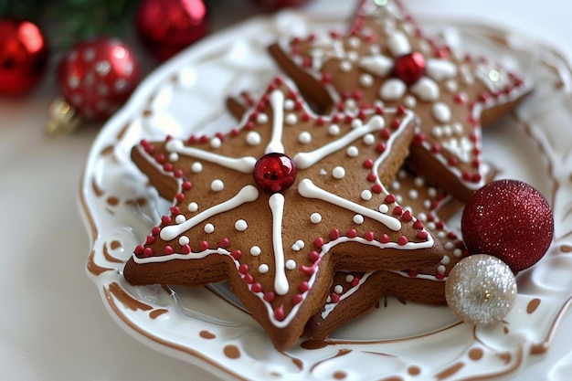 Des biscuits en forme d'étoile sur une assiette avec des boules de Noël