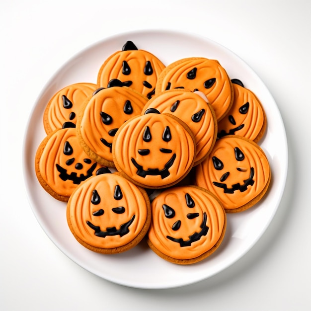 Biscuits en forme de Jack o Lantern sur une assiette sur fond blanc isolé