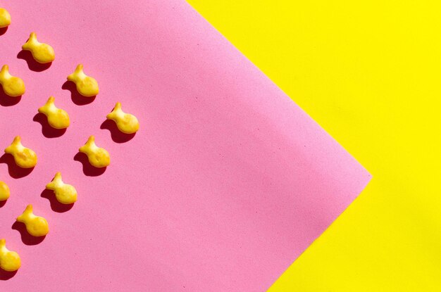 Biscuits en forme de poisson sur fond rose et jaune En plein soleil avec des ombres