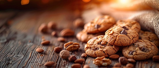 Des biscuits fraîchement cuits entourés de noix sur une table en bois rustique