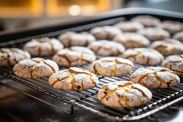 Biscuits fraîchement sortis du four sur une grille de refroidissement