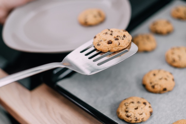 Biscuits frais déplacés de la poêle à l'assiette