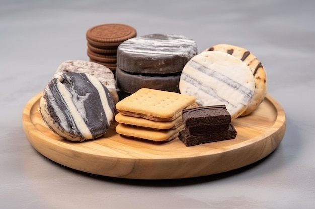 Des biscuits et des galettes de chocolat sur une assiette en bois sur une table en marbre