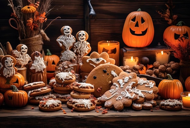 des biscuits d'Halloween et des friandises sur un fond en bois