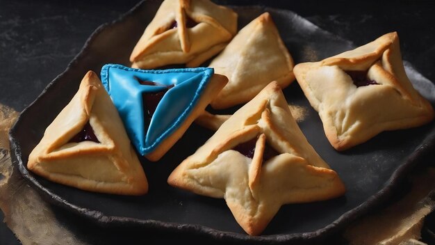 Des biscuits Hamantaschen avec un masque bleu sur un fond noir pour le Purim.