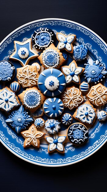 Photo des biscuits de hanouka sur une assiette bleue sur un fond sombre