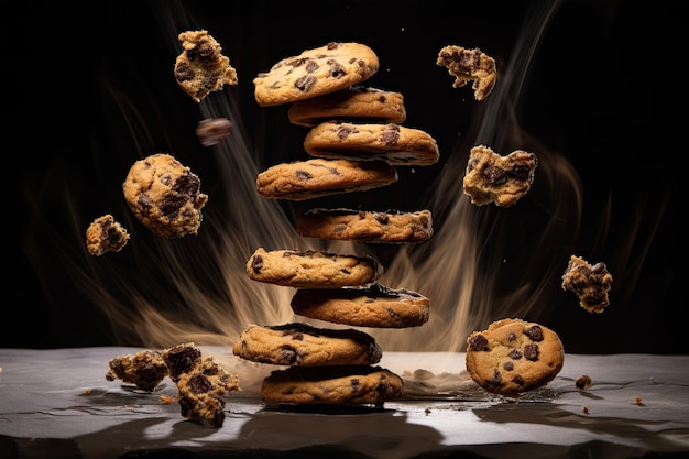 Des biscuits en lévitation empilés sur de la pierre