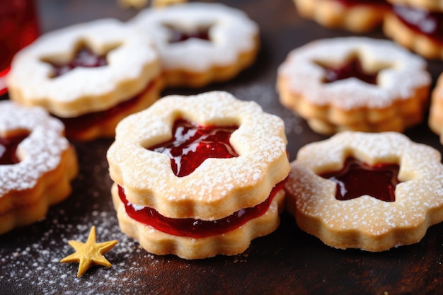Biscuits Linzer de Noël sur table en bois Biscuits au sucre classiques avec confiture de framboises pour le sucré