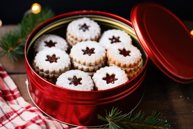 Biscuits Linzer remplis dans une boîte à biscuits