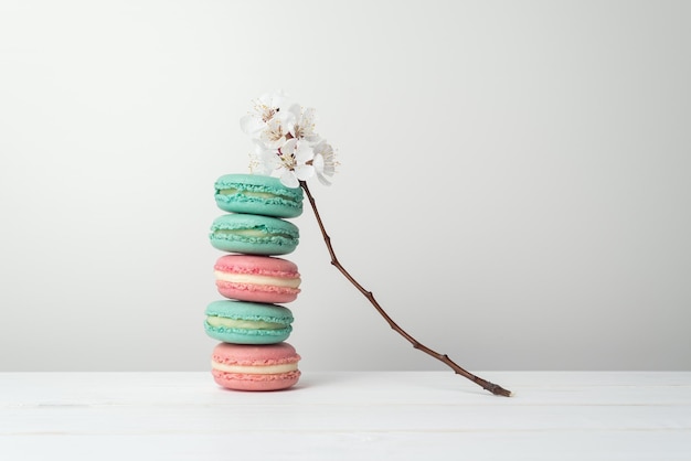 Biscuits macaron et branche à fleurs blanches