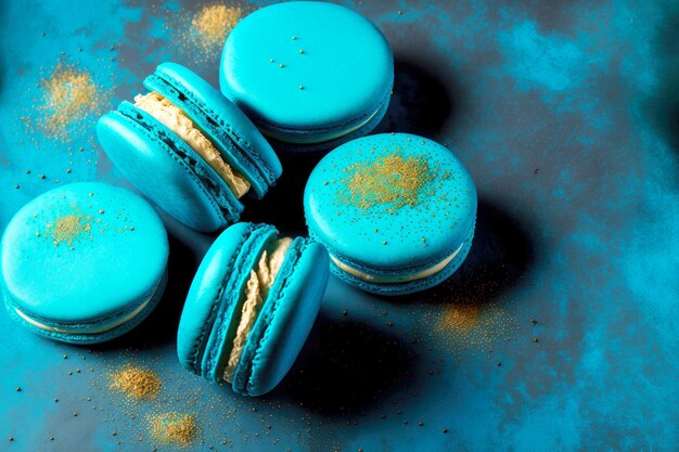 Photo biscuits macarons bleus délicieux de france sur fond bleu