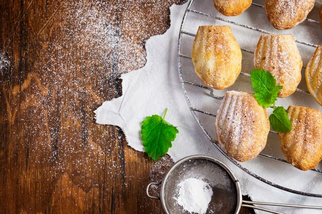 Biscuits Madeleine et passoire au sucre en poudre