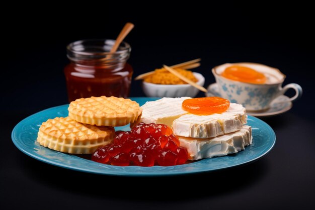 Des biscuits et des marmelades autour d'un gâteau au chocolat blanc sur un plateau sur fond bleu