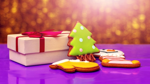 Biscuits de Noël et une boîte avec un cadeau de Noël sur un arrière-plan flou avec bokeh