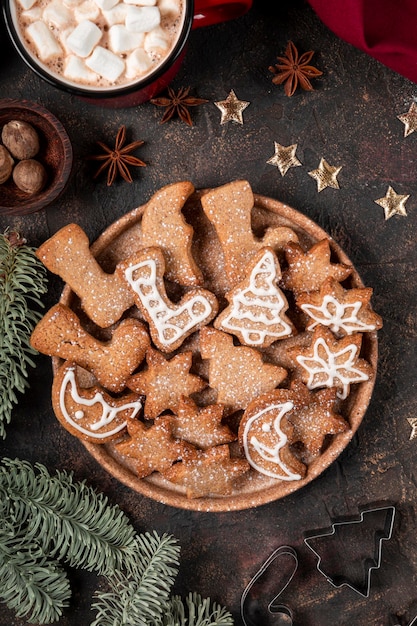 Biscuits de Noël festifs décorés de glaçage et de sucre en poudre sur une assiette fond sombre haut