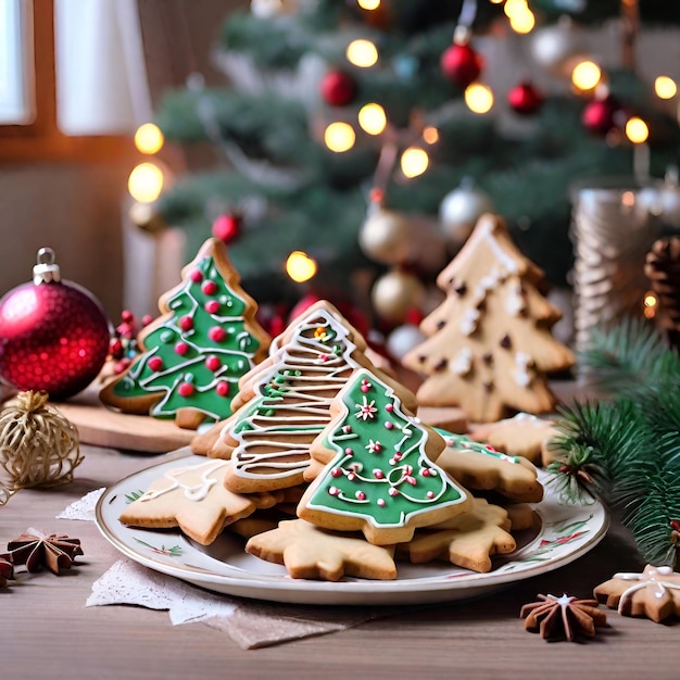 Des biscuits de Noël à la maison sur le fond de l'arbre de Noël