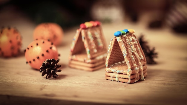 Biscuits et oranges d'image de fond de cuisine de Noël sur le