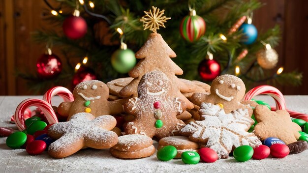 Des biscuits de pain d'épice faits maison, des bonbons et des décors de Noël.