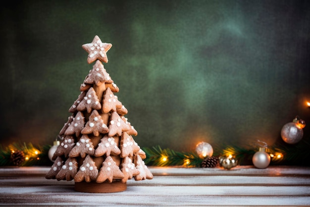 Des biscuits de pain d'épice en forme d'arbre de Noël sur une table en bois