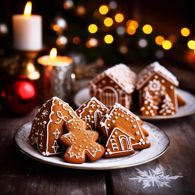 Biscuits de pain d'épice mignons sur fond de plaque de Noël