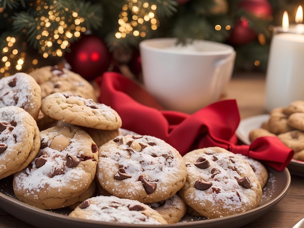 Biscuits de pain d'épice de Noël sur assiette vintage et branches de cèdre de pommes de pin anis et cannelle