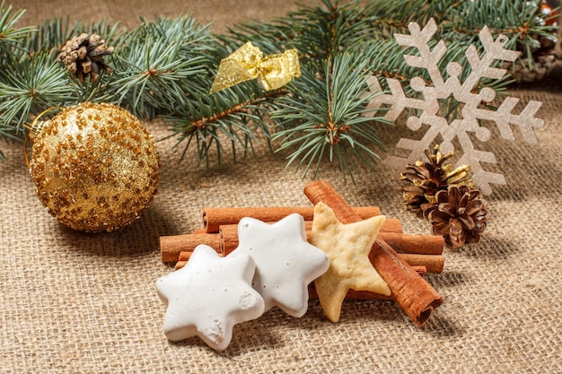 Biscuits de pain d'épice de Noël sur un sac à la cannelle et à l'anis étoilé