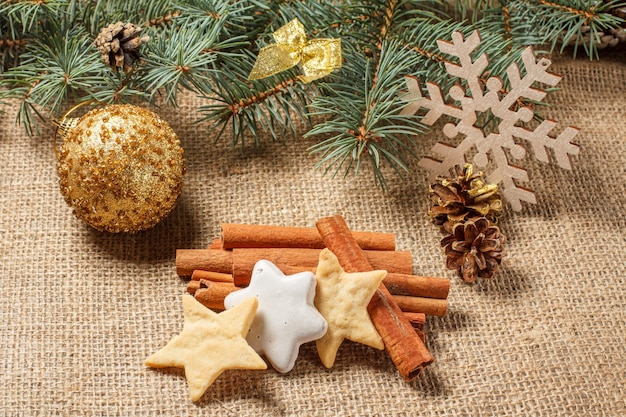 Biscuits de pain d'épice de Noël sur un sac à la cannelle et à l'anis étoilé