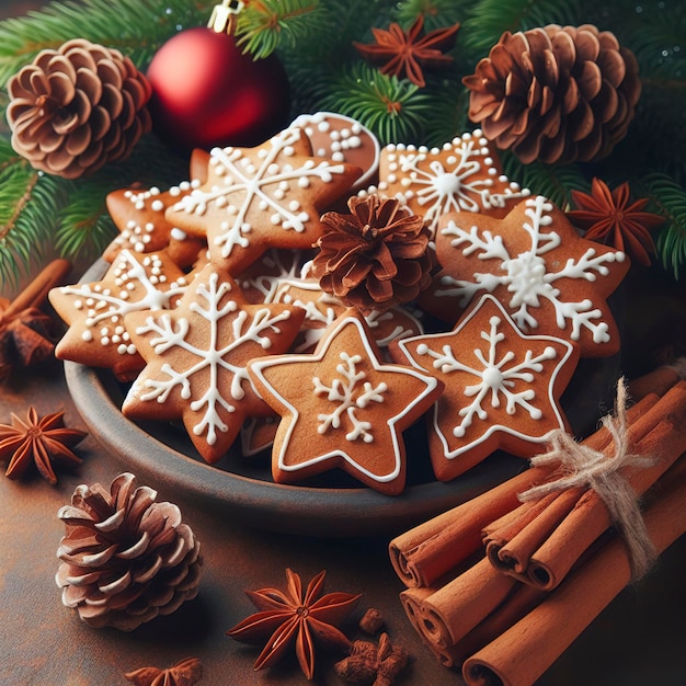 Les biscuits de pain d'épice de Noël sont sur la table avec de la cannelle et des cônes de pin.