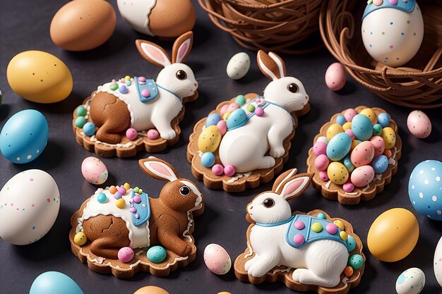 Les biscuits de pain d'épice de Pâques, les œufs et les lapins