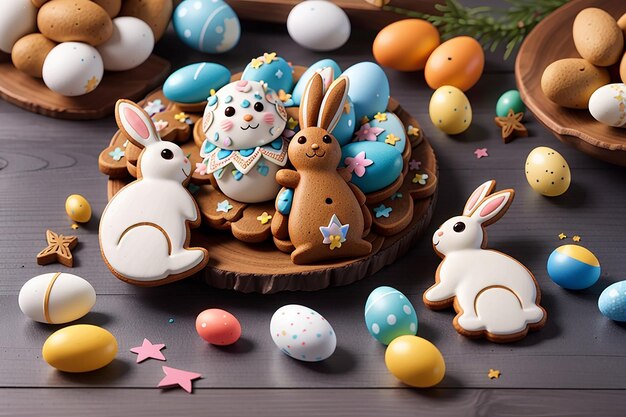 Des biscuits de pain d'épice de Pâques sur une table en bois, des lapins et des œufs, une carte de vœux, vue supérieure avec de l'espace pour vos vœux.