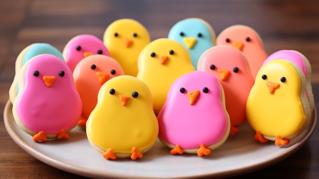 Les biscuits de poulet en forme de poulet de Pâques colorés