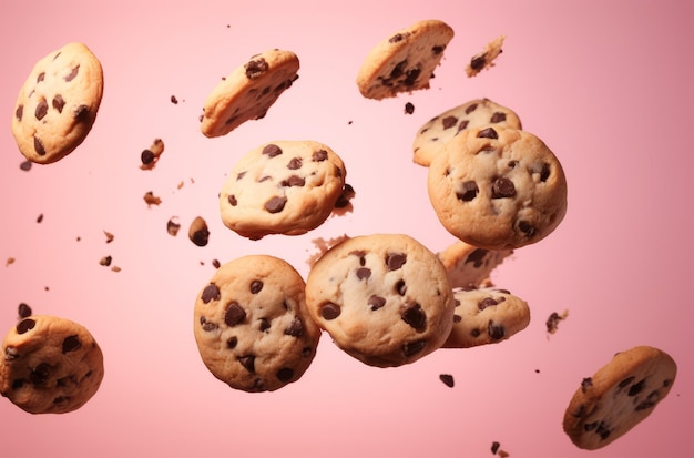 Des biscuits qui volent sur un fond rose.