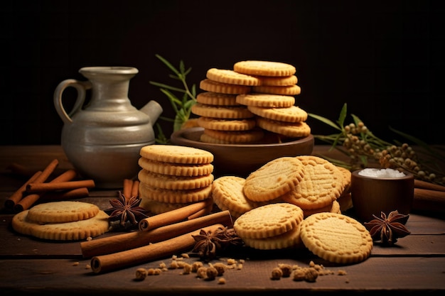 Biscuits sablés sur table en bois avec concept de boulangerie maison à l'anis et à la cannelle