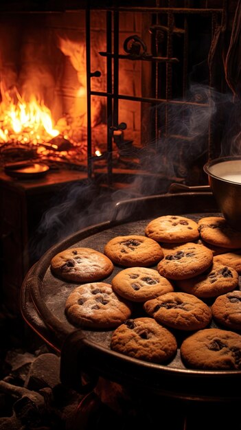 Photo les biscuits sont sur un plateau devant un feu.