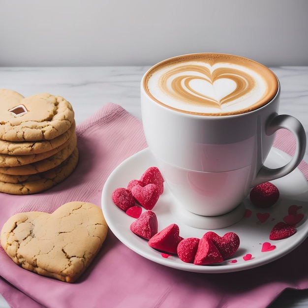 Biscuits sucrés en forme de coeur et tasse de café