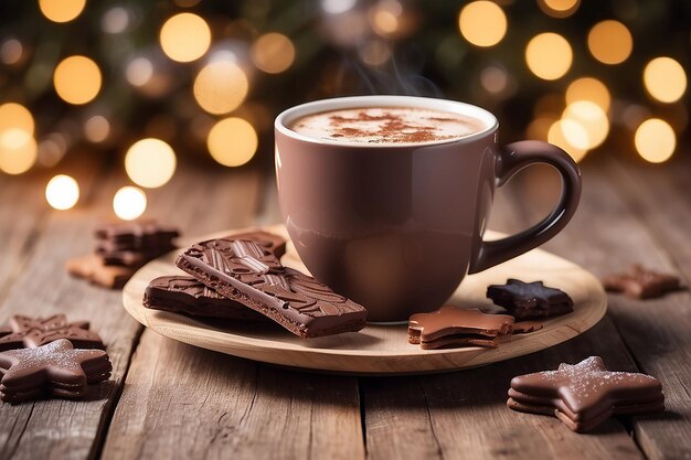 Des biscuits et une tasse de chocolat chaud sur une table en bois vide sur un fond bokeh de Noël