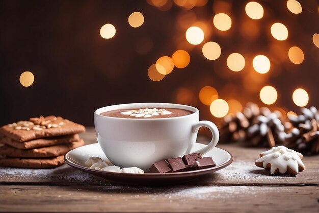 Des biscuits et une tasse de chocolat chaud sur une table en bois vide sur un fond bokeh de Noël