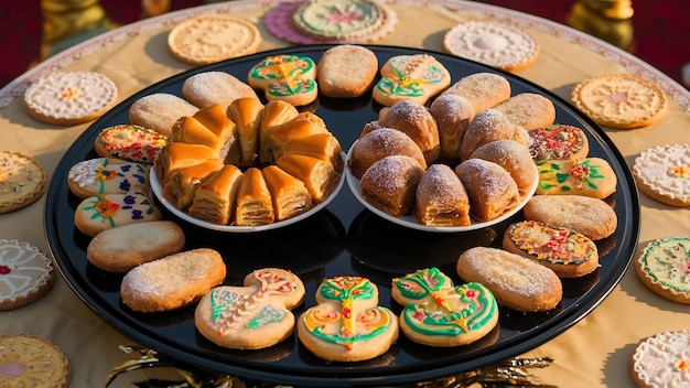 Les biscuits traditionnels d'Azerbaïdjan pour les fêtes de Novruz, les baklavas et les shakarburas sur une assiette noire sur la table