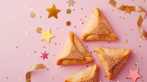 Photo les biscuits triangulaires de purim avec des oreilles de hamantasch ou d'aman sont des bonbons de couleur pour la fête juive de purim