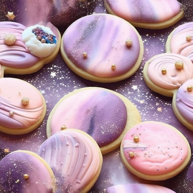 Des biscuits violets et roses avec des éclaboussures et des étoiles sur une table générative ai