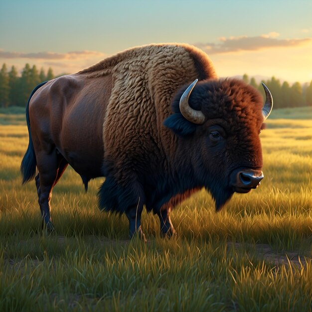 Le bison américain mange dans les beaux champs marécageux.