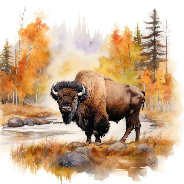 Bison d'automne dans un style aquarelle généré par l'IA