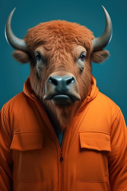 Photo bison dans une combinaison de prison sur un fond bleu généré par l'ia