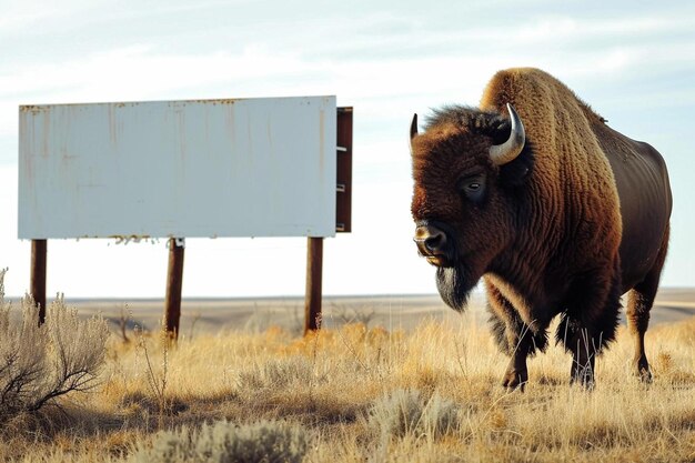 un bison debout dans un champ à côté d'un signe