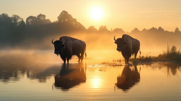 Un bison debout sur le lac au lever du soleil