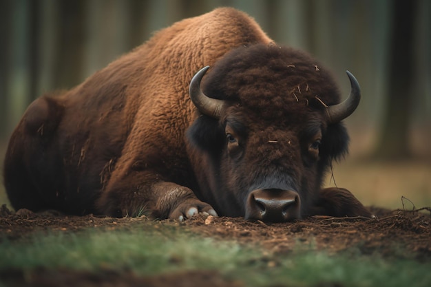Un bison est allongé sur le sol dans une forêt.
