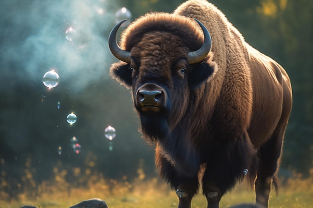 un bison est entouré de bulles dans un champ