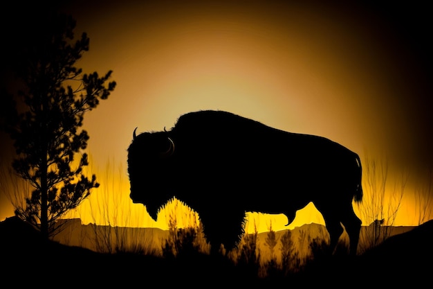 Le bison est en silhouette contre le coucher du soleil.