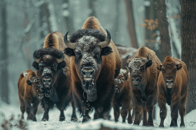 Le bison européen dans une forêt d'hiver